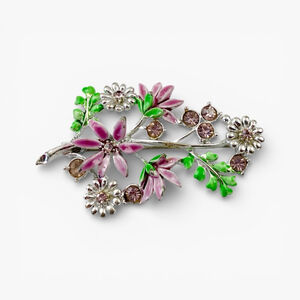 Vintage Rhinestone Enameled Flower Spray Bouquet Brooch Silver Pink Floral